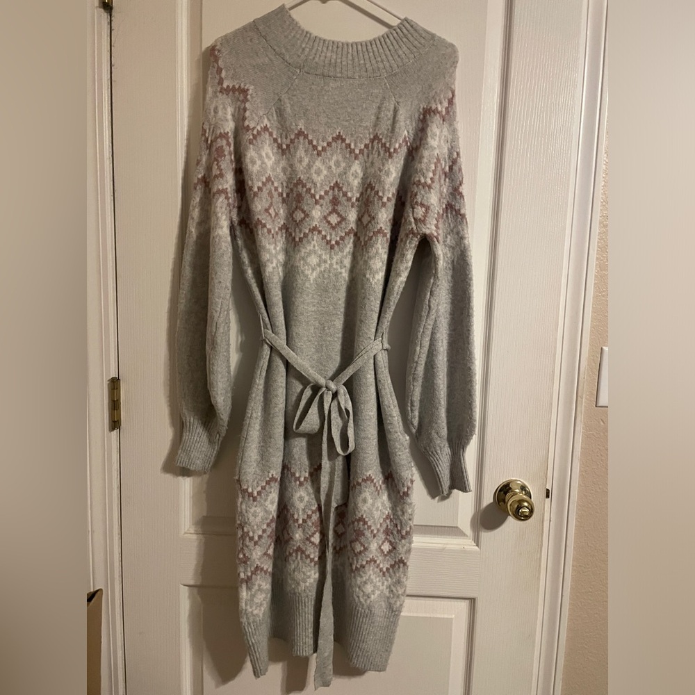 Lucky Brand Gray Knit Fair Isle Long Sleeve Sweater Dress Large Boho Cozy Casual
